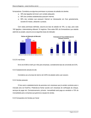 Plano de Negócios – www.FaroFino.com.br



fornecedores. Considerou-se algumas premissas no processo de adesão de clientes:
        $     30% das ligações terminam com contato adequado;
        $     80% dos contatos estabelecidos possuem internet;
        $     80% dos contatos que possuem Internet se interessarão em ficar gratuitamente,
              durante 03 meses, utilizando o produto.


        Com estas premissas definidas, assumiu-se taxa de adesão de 19%, ou seja, para cada
100 ligações o telemarketing efetuará 19 negócios. Para estes 80% de fornecedores que estarão
aderindo ao projeto, assumiu-se as seguintes taxas de retenção:

               Índices de Retenção do Mercado                                  Evolução da Taxa de Retenção de
                              85%                                                     Clientes FaroFino
                                           70%                                               80%      80%         80%
                 65%

                                                                                    60%



                                                         30%            30%




            Revista   Cartão de Crédito   Lista Telefônica   FaroFino   Ano1       Ano2     Ano3     Ano4        Ano5



5.5.2 E-mail Direto


        Envio de 8.000 e-mail's por mês para empresas, considerando taxa de conversão de 0,5%.


5.5.3 Cadastramento através do site


        Considerou-se uma taxa de retorno de 0,05% de adesão sobre user session.


5.5.4 Vendas pessoais


        O foco será o estabelecimento de parcerias com empresas que já vendem produtos para o
mercado alvo do FaroFino. Pretende-se fechar acordo com empresas de verificação de cheque,
serviços de pager etc. Comissionamento: primeira mensalidade será paga ao vendedor e 10% da
mensalidade para a empresa que gerencia a equipe de vendas.


5.5.5 Comparativo de Vendas por Canal




                                                                                                        Página 25 de 41
 