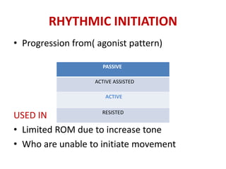 RHYTHMIC INITIATION
• Progression from( agonist pattern)
USED IN
• Limited ROM due to increase tone
• Who are unable to initiate movement
PASSIVE
ACTIVE ASSISTED
ACTIVE
RESISTED
 