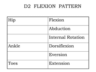 D2 FLEXION PATTERN
Hip Flexion
Abduction
Internal Rotation
Ankle Dorsiflexion
Eversion
Toes Extension
 