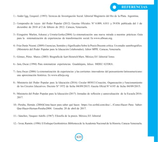 REFERENCIAS
1.- Ander Egg, Ezequiel. (1993) Técnicas de Investigación Social. Editorial Magisterio del Rio de la Plata. Argentina.
2.- Compendio de Leyes del Poder Popular (2012) Gacetas Oficiales: N° 6.009, 6.011 y 39.856 publicada del 1 de
diciembre de 2010 al 2 de febrero de 2012. Caracas, Venezuela.
3.- Eizaguirre Marlen, Askunzc y Urrutia Gorka (2004) La sistematización una nueva mirada a nuestras prácticas: Guía
para la sistematización de experiencias de transformación social. En www.alboan.org.
4.- Frías Durán Noemí. (2009) Creencias, Sentidos y Significados Sobre la Praxis Docente crítica. Unestudio autobiográfico.
(Ministerio del Poder Popular para la Educación Colaborador). Editor MPPE. Caracas, Venezuela.
5.- Gómez, Pérez. Marco. (2003) Biografía de Kart Heinrich Marx. México, D.F. Editorial Tomo.
6.- Jara, Oscar. (1994) Para sistematizar experiencias. Guadalajara, Jalisco. IMDEC/ ALFORJA.
7.- Jara, Oscar. (2006) La sistematización de experiencias y las corrientes innovadoras del pensamiento latinoamericano:
una aproximación histórica. En www.alforja.org
8.- Ministerio del Poder Popular para la Educación (2016) Circular 003013.Creación, Organización y Funcionamiento
de los Circuitos Educativos. Decreto N° 1972 de fecha 04/09/2015. Gaceta Oficial N° 6195 de fecha 04/09/2015.
9.- Ministerio del Poder Popular para la Educación (2017) Jornadas de reflexión y autoevaluación de la Escuela 2016-
2017.
10.- Peralta, Hernán. (2004)Cómo hacer para saber qué hacer. https://es.scribd.com/doc/.../Como-Hacer- Para- Saber-
Que-Hacer-Hernan-Peralta-2004. Consulta: 20 de abril de 2017.
11.- Sánchez, Vásquez Adolfo. (1967) Filosofía de la praxis. México, D.F. Editorial
12.- Tovar, Ramón. (1996) El Enfoque Geohistórico. Biblioteca de la Academia Nacional de la Historia. Caracas Venezuela.
635
 
