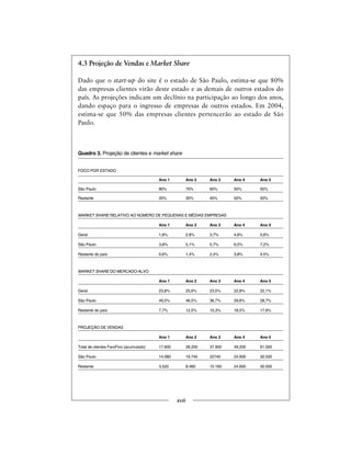4.3 Projeção de Vendas e Market Share
Dado que o start-up do site é o estado de São Paulo, estima-se que 80%
das empresas clientes virão deste estado e as demais de outros estados do
país. As projeções indicam um declínio na participação ao longo dos anos,
dando espaço para o ingresso de empresas de outros estados. Em 2004,
estima-se que 50% das empresas clientes pertencerão ao estado de São
Paulo.
Quadro 3. Projeção de clientes e market share
FOCO POR ESTADO
Ano 1 Ano 2 Ano 3 Ano 4 Ano 5
São Paulo 80% 70% 60% 50% 50%
Restante 20% 30% 40% 50% 50%
MARKET SHARE RELATIVO AO NÚMERO DE PEQUENAS E MÉDIAS EMPRESAS
Ano 1 Ano 2 Ano 3 Ano 4 Ano 5
Geral 1,8% 2,8% 3,7% 4,6% 5,6%
São Paulo 3,8% 5,1% 5,7% 6,0% 7,2%
Restante do país 0,6% 1,4% 2,4% 3,8% 4,5%
MARKET SHARE DO MERCADO-ALVO
Ano 1 Ano 2 Ano 3 Ano 4 Ano 5
Geral 23,8% 25,6% 23,5% 22,8% 22,1%
São Paulo 49,5% 46,5% 36,7% 29,6% 28,7%
Restante do país 7,7% 12,5% 15,3% 18,5% 17,9%
PROJEÇÃO DE VENDAS
Ano 1 Ano 2 Ano 3 Ano 4 Ano 5
Total de clientes FaroFino (acumulado) 17.600 28.200 37.900 49.200 61.000
São Paulo 14.080 19.740 22740 24.600 30.500
Restante 3.520 8.460 15.160 24.600 30.500
xviii
 