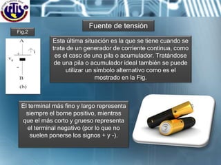 Fig.2
Esta última situación es la que se tiene cuando se
trata de un generador de corriente continua, como
es el caso de una pila o acumulador. Tratándose
de una pila o acumulador ideal también se puede
utilizar un símbolo alternativo como es el
mostrado en la Fig.
El terminal más fino y largo representa
siempre el borne positivo, mientras
que el más corto y grueso representa
el terminal negativo (por lo que no
suelen ponerse los signos + y -).
Fuente de tensión
 