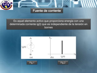 Fuente de corriente
Es aquel elemento activo que proporciona energía con una
determinada corriente ig(t) que es independiente de la tensión en
bornes
Fig.1 Fig.2
 