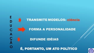 E
D
U
C
A
Ç
Ã
O
TRANSMITE MODELOS: ciência
FORMA A PERSONALIDADE
DIFUNDE IDÉIAS
É, PORTANTO, UM ATO POLÍTICO
 