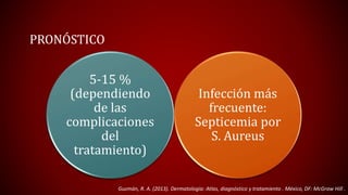 PRONÓSTICO 
5-15 % 
(dependiendo 
de las 
complicaciones 
del 
tratamiento) 
Infección más 
frecuente: 
Septicemia por 
S. Aureus 
Guzmán, R. A. (2013). Dermatología: Atlas, diagnóstico y tratamiento . México, DF: McGraw Hill . 
 