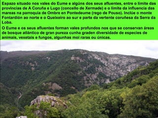 Espazo situado nos vales do Eume e algúns dos seus afluentes, entre o límite das
provincias de A Coruña e Lugo (concello de Xermade) e o límite da influencia das
mareas na parroquia de Ombre en Pontedeume (rego de Pouso). Inclúe o monte
Fontardión ao norte e o Queixeiro ao sur e parte da vertente coruñesa da Serra da
Loba.
O Eume e os seus afluentes forman vales profundos nos que se conservan áreas
de bosque atlántico de gran pureza cunha graden diversidade de especies de
animais, vexetais e fungos, algunhas moi raras ou únicas.
 