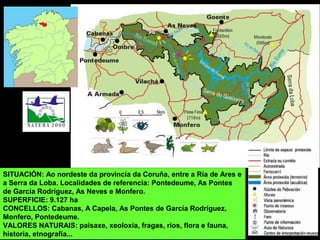 SITUACIÓN: Ao nordeste da provincia da Coruña, entre a Ría de Ares e
a Serra da Loba. Localidades de referencia: Pontedeume, As Pontes
de García Rodríguez, As Neves e Monfero.
SUPERFICIE: 9.127 ha
CONCELLOS: Cabanas, A Capela, As Pontes de García Rodríguez,
Monfero, Pontedeume.
VALORES NATURAIS: paisaxe, xeoloxía, fragas, ríos, flora e fauna,
historia, etnografía...
 