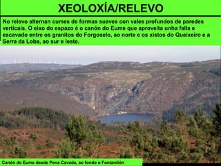 Canón do Eume desde Pena Cavada, ao fondo o Fontardión
XEOLOXÍA/RELEVO
No relevo alternan cumes de formas suaves con vales profundos de paredes
verticais. O eixo do espazo é o canón do Eume que aproveita unha falla e
escavado entre os granitos do Forgoselo, ao norte e os xistos do Queixeiro e a
Serra da Loba, ao sur e leste.
 