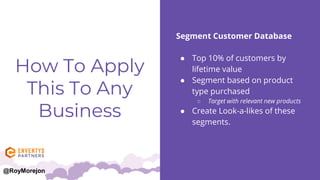How To Apply
This To Any
Business
Segment Customer Database
● Top 10% of customers by
lifetime value
● Segment based on pr...
