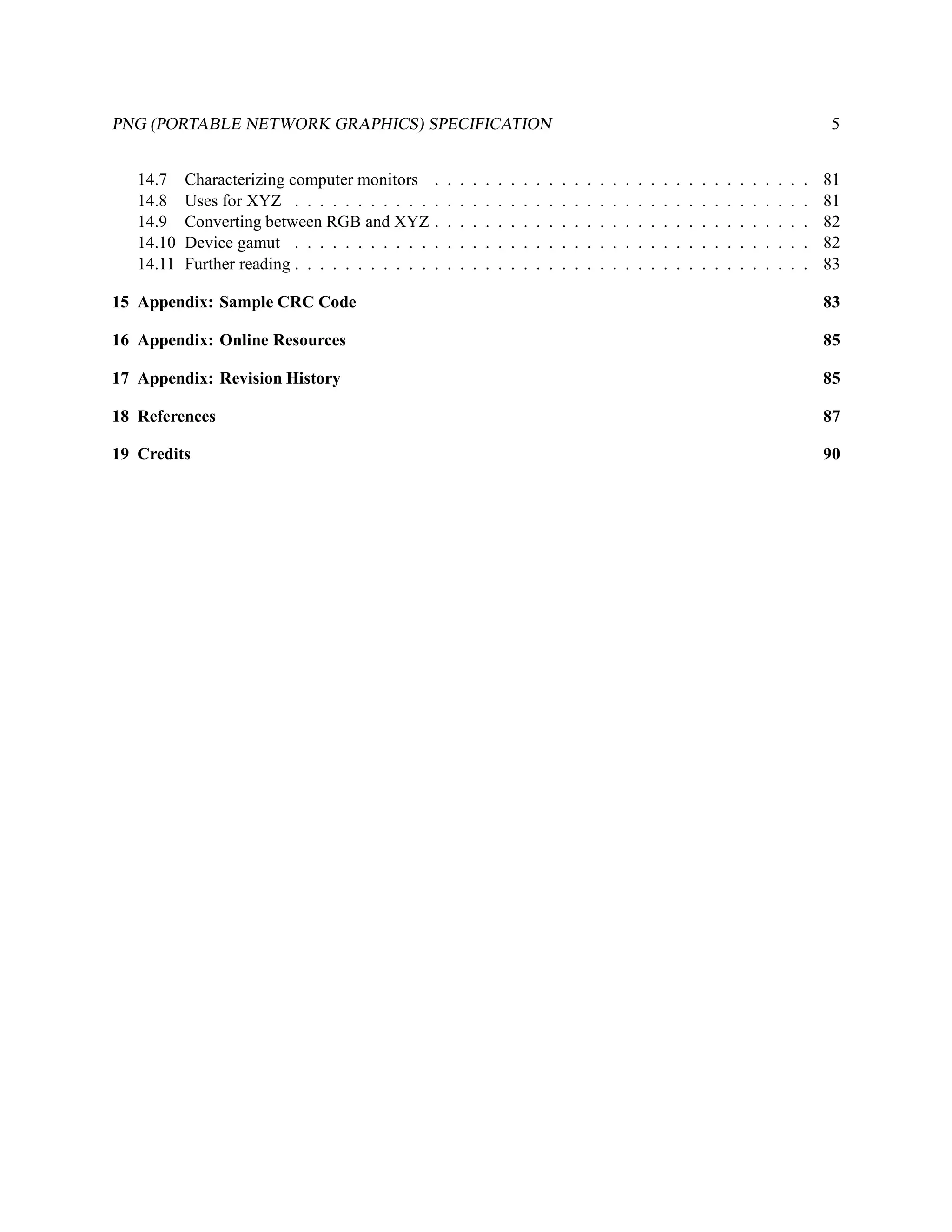 PNG (PORTABLE NETWORK GRAPHICS) SPECIFICATION                                                                                                                              5


   14.7    Characterizing computer monitors        .   .   .   .   .   .   .   .   .   .   .   .   .   .   .   .   .   .   .   .   .   .   .   .   .   .   .   .   .   .   81
   14.8    Uses for XYZ . . . . . . . . . . .      .   .   .   .   .   .   .   .   .   .   .   .   .   .   .   .   .   .   .   .   .   .   .   .   .   .   .   .   .   .   81
   14.9    Converting between RGB and XYZ          .   .   .   .   .   .   .   .   .   .   .   .   .   .   .   .   .   .   .   .   .   .   .   .   .   .   .   .   .   .   82
   14.10   Device gamut . . . . . . . . . . .      .   .   .   .   .   .   .   .   .   .   .   .   .   .   .   .   .   .   .   .   .   .   .   .   .   .   .   .   .   .   82
   14.11   Further reading . . . . . . . . . . .   .   .   .   .   .   .   .   .   .   .   .   .   .   .   .   .   .   .   .   .   .   .   .   .   .   .   .   .   .   .   83

15 Appendix: Sample CRC Code                                                                                                                                               83

16 Appendix: Online Resources                                                                                                                                              85

17 Appendix: Revision History                                                                                                                                              85

18 References                                                                                                                                                              87

19 Credits                                                                                                                                                                 90
 