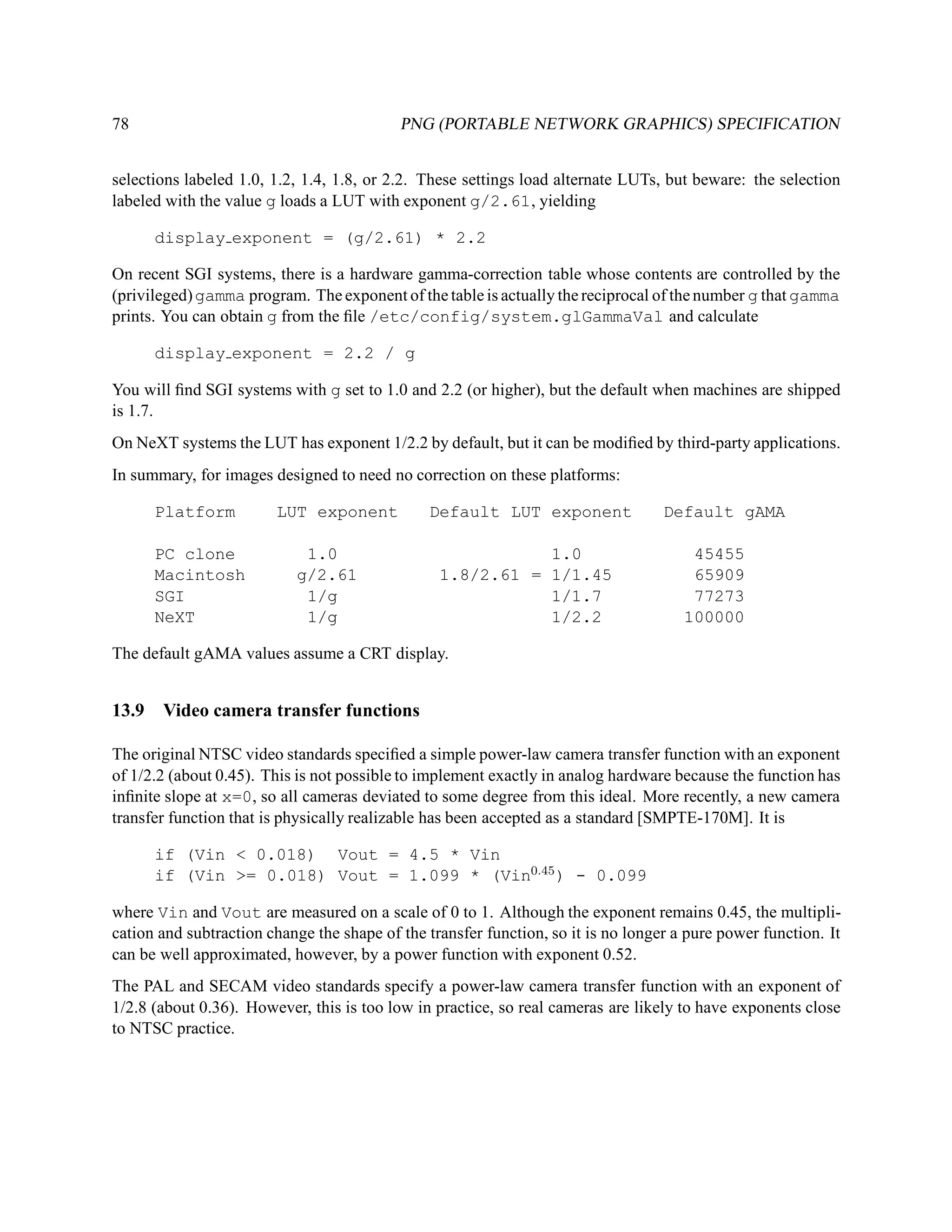 78                                         PNG (PORTABLE NETWORK GRAPHICS) SPECIFICATION


selections labeled 1.0, 1.2, 1.4, 1.8, or 2.2. These settings load alternate LUTs, but beware: the selection
labeled with the value g loads a LUT with exponent g/2.61, yielding

       display exponent = (g/2.61) * 2.2

On recent SGI systems, there is a hardware gamma-correction table whose contents are controlled by the
(privileged) gamma program. The exponent of the table is actually the reciprocal of the number g that gamma
prints. You can obtain g from the ﬁle /etc/config/system.glGammaVal and calculate

       display exponent = 2.2 / g

You will ﬁnd SGI systems with g set to 1.0 and 2.2 (or higher), but the default when machines are shipped
is 1.7.
On NeXT systems the LUT has exponent 1/2.2 by default, but it can be modiﬁed by third-party applications.
In summary, for images designed to need no correction on these platforms:

       Platform         LUT exponent           Default LUT exponent                Default gAMA

       PC clone             1.0                             1.0                        45455
       Macintosh           g/2.61                1.8/2.61 = 1/1.45                     65909
       SGI                  1/g                             1/1.7                      77273
       NeXT                 1/g                             1/2.2                     100000

The default gAMA values assume a CRT display.


13.9   Video camera transfer functions

The original NTSC video standards speciﬁed a simple power-law camera transfer function with an exponent
of 1/2.2 (about 0.45). This is not possible to implement exactly in analog hardware because the function has
inﬁnite slope at x=0, so all cameras deviated to some degree from this ideal. More recently, a new camera
transfer function that is physically realizable has been accepted as a standard [SMPTE-170M]. It is

       if (Vin < 0.018) Vout = 4.5 * Vin
       if (Vin >= 0.018) Vout = 1.099 * (Vin0.45 ) - 0.099

where Vin and Vout are measured on a scale of 0 to 1. Although the exponent remains 0.45, the multipli-
cation and subtraction change the shape of the transfer function, so it is no longer a pure power function. It
can be well approximated, however, by a power function with exponent 0.52.
The PAL and SECAM video standards specify a power-law camera transfer function with an exponent of
1/2.8 (about 0.36). However, this is too low in practice, so real cameras are likely to have exponents close
to NTSC practice.
 