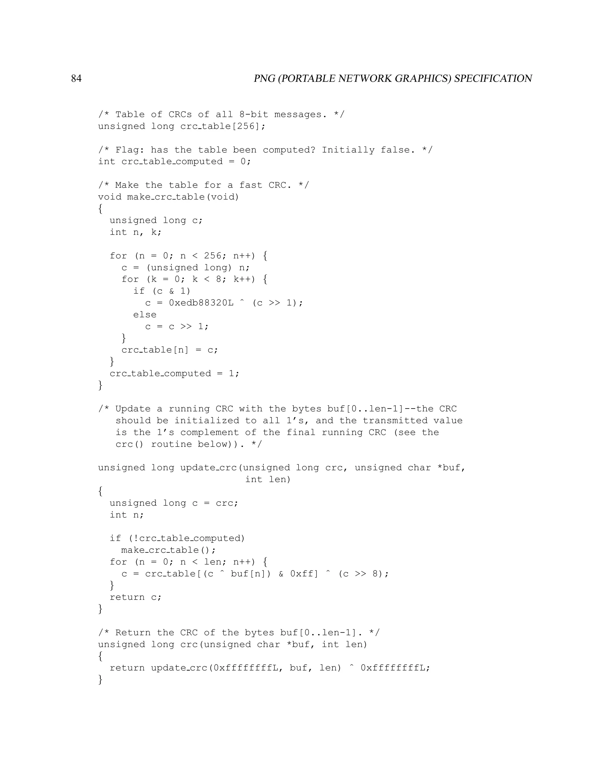 84                               PNG (PORTABLE NETWORK GRAPHICS) SPECIFICATION


     /* Table of CRCs of all 8-bit messages. */
     unsigned long crc table[256];

     /* Flag: has the table been computed? Initially false. */
     int crc table computed = 0;

     /* Make the table for a fast CRC. */
     void make crc table(void)
     {
       unsigned long c;
       int n, k;

         for (n = 0; n < 256; n++) {
           c = (unsigned long) n;
           for (k = 0; k < 8; k++) {
             if (c & 1)
               c = 0xedb88320L ˆ (c >> 1);
             else
               c = c >> 1;
           }
           crc table[n] = c;
         }
         crc table computed = 1;
     }

     /* Update a running CRC with the bytes buf[0..len-1]--the CRC
        should be initialized to all 1’s, and the transmitted value
        is the 1’s complement of the final running CRC (see the
        crc() routine below)). */

     unsigned long update crc(unsigned long crc, unsigned char *buf,
                              int len)
     {
       unsigned long c = crc;
       int n;

         if (!crc table computed)
           make crc table();
         for (n = 0; n < len; n++) {
           c = crc table[(c ˆ buf[n]) & 0xff] ˆ (c >> 8);
         }
         return c;
     }

     /* Return the CRC of the bytes buf[0..len-1]. */
     unsigned long crc(unsigned char *buf, int len)
     {
       return update crc(0xffffffffL, buf, len) ˆ 0xffffffffL;
     }
 