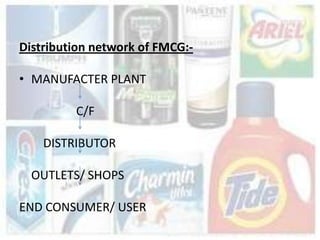 Distribution network of FMCG:-

• MANUFACTER PLANT

         C/F

    DISTRIBUTOR

  OUTLETS/ SHOPS

END CONSUMER/ USER
 