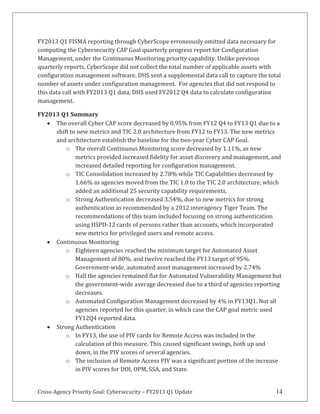 Cross-Agency Priority Goal: Cybersecurity – FY2013 Q1 Update 14
FY2013 Q1 FISMA reporting through CyberScope erroneously omitted data necessary for
computing the Cybersecurity CAP Goal quarterly progress report for Configuration
Management, under the Continuous Monitoring priority capability. Unlike previous
quarterly reports, CyberScope did not collect the total number of applicable assets with
configuration management software. DHS sent a supplemental data call to capture the total
number of assets under configuration management. For agencies that did not respond to
this data call with FY2013 Q1 data, DHS used FY2012 Q4 data to calculate configuration
management.
FY2013 Q1 Summary
The overall Cyber CAP score decreased by 0.95% from FY12 Q4 to FY13 Q1 due to a
shift to new metrics and TIC 2.0 architecture from FY12 to FY13. The new metrics
and architecture establish the baseline for the two-year Cyber CAP Goal.
o The overall Continuous Monitoring score decreased by 1.11%, as new
metrics provided increased fidelity for asset discovery and management, and
increased detailed reporting for configuration management.
o TIC Consolidation increased by 2.78% while TIC Capabilities decreased by
1.66% as agencies moved from the TIC 1.0 to the TIC 2.0 architecture, which
added an additional 25 security capability requirements.
o Strong Authentication decreased 3.54%, due to new metrics for strong
authentication as recommended by a 2012 interagency Tiger Team. The
recommendations of this team included focusing on strong authentication
using HSPD-12 cards of persons rather than accounts, which incorporated
new metrics for privileged users and remote access.
Continuous Monitoring
o Eighteen agencies reached the minimum target for Automated Asset
Management of 80%, and twelve reached the FY13 target of 95%.
Government-wide, automated asset management increased by 2.74%
o Half the agencies remained flat for Automated Vulnerability Management but
the government-wide average decreased due to a third of agencies reporting
decreases.
o Automated Configuration Management decreased by 4% in FY13Q1. Not all
agencies reported for this quarter, in which case the CAP goal metric used
FY12Q4 reported data.
Strong Authentication
o In FY13, the use of PIV cards for Remote Access was included in the
calculation of this measure. This caused significant swings, both up and
down, in the PIV scores of several agencies.
o The inclusion of Remote Access PIV was a significant portion of the increase
in PIV scores for DOI, OPM, SSA, and State.
 
