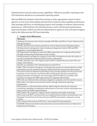 Cross-Agency Priority Goal: Cybersecurity – FY2013 Q1 Update 7
Administration’s priority cybersecurity capabilities. Whenever possible, reporting on the
CAP milestones should use an automated reporting system.
NSS and OMB will schedule a CyberStat meeting or other appropriate action for those
agencies at risk of not achieving the planned level of cybersecurity capability performance.
Such meetings will focus on identifying prospects and strategies to improve cybersecurity
performance. DHS facilitates the CyberStat process, and it will document performance
improvement plans, follow up with each department or agency at risk, and report progress
back to the Cybersecurity CAP Goal leadership.
1. Longer-term Milestones
Milestone
All Deputy Secretaries meet at least annually with PIOs and CIOs to review Cybersecurity
CAP goal progress.
All PIOs and CIOs meet at least quarterly to review Cybersecurity CAP goal progress.
All departments and agencies report continuous diagnostics data to DHS and DHS
integrates to reporting dashboard.
All Departments and Agencies meet the OMB requirements for ongoing authorization
through continuously monitoring security controls.
All Departments and Agencies support at least 90% of employees to have the option to
use Personal Identity Verification (PIV) Card to authenticate.
All PIOs and CIOs send a PIV-signed email to DHS to validate they have their PIV card,
reader, and software.
All CIOs use mandatory PIV authentication by end of FY13.
ISIMC, CNSS, and other interagency working groups propose recommendations to align
information security initiatives between national and non-national security systems.
The Joint Continuous Monitoring Working Group provides guidance for the provisional
frequency of and activities associated with monitoring the security controls from
National Institute of Standards and Technology (NIST) SP 800-53 and CNSSI 1253
baselines to support the OMB requirements for ongoing authorization.
DHS rolls out a federal-wide continuous diagnostics program over the next three-years.
DHS collects all cybersecurity priority metrics through automated reporting
mechanisms.
DHS proposes a risk-based framework for addressing the maturity of continuous
monitoring capabilities including the effectiveness of security controls and progressive
improvement of FISMA implementation.
DHS updates TIC program to support cloud computing and mobile technology.
DHS works with NIST and General Services Administration (GSA) to develop lower cost
Managed Trusted Internet Protocol Services (MTIPS) alternatives using new scoring
criteria.
NIST releases final version of FIPS 201-2 and related PIV documentation.
FedRAMP obtains Joint Authorization Board provisional Authorizations to Operate for
Cloud Service Providers.
 