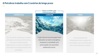 Um mundo de mudanças nas duas
principais economias, EUA e China,
mas sem transformações
importantes na matriz energética e
nos valores e comportamentos da
sociedade.
CORRENTEZA CORAL
Transformações de
comportamentos e valores do
consumidor, com transição para
uma matriz de baixo carbono.
Fight against corruption
and better internal
controls
CARDUME
O gás natural assume papel mais
relevante na matriz energética,
enquanto a sociedade está
preocupada com questões
ambientais locais.
Cenário escolhido como
referência para o PNG
A Petrobras trabalha com 3 cenários de longo prazo
—
21
 