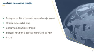 Incertezas na economia mundial
—
 Estagnação das economias europeias e japonesa
 Desaceleração da China
 Conjuntura no Oriente Médio
 Eleições nos EUA e política monetária do FED
 Brexit
5
 