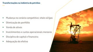 Transformações na indústria do petróleo
—
 Mudança no cenário competitivo: shale oil/gas
 Otimização de portfólio
 Venda de ativos
 Investimentos e custos operacionais menores
 Disciplina de capital e financeira
 Adequação do efetivo
 