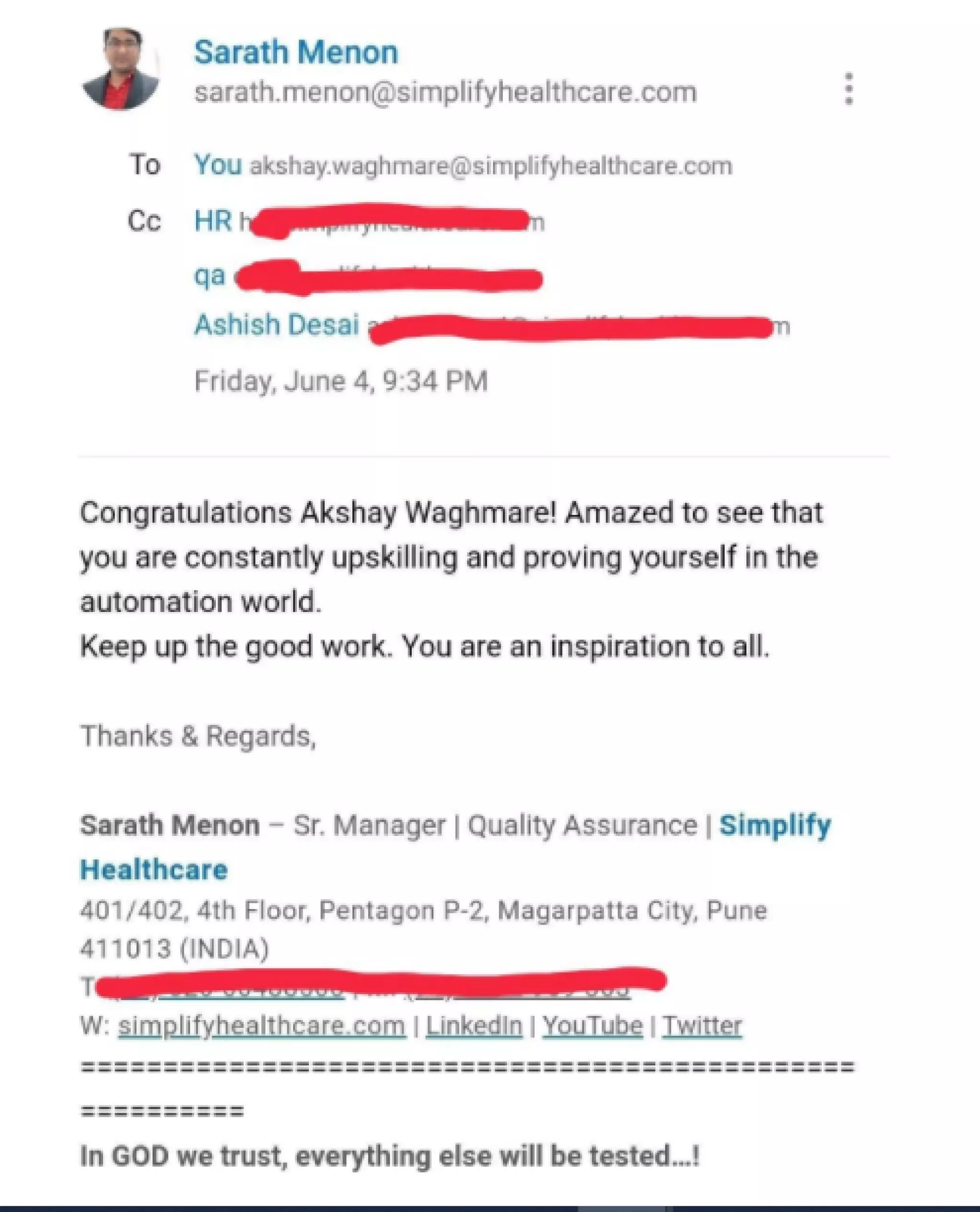Appreciation from Chief Strategy Officer and also from Senior Manager | PDF