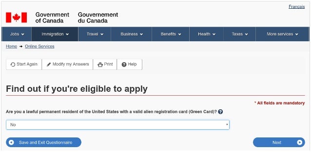 Open doing declare Outside Canada Application Steps