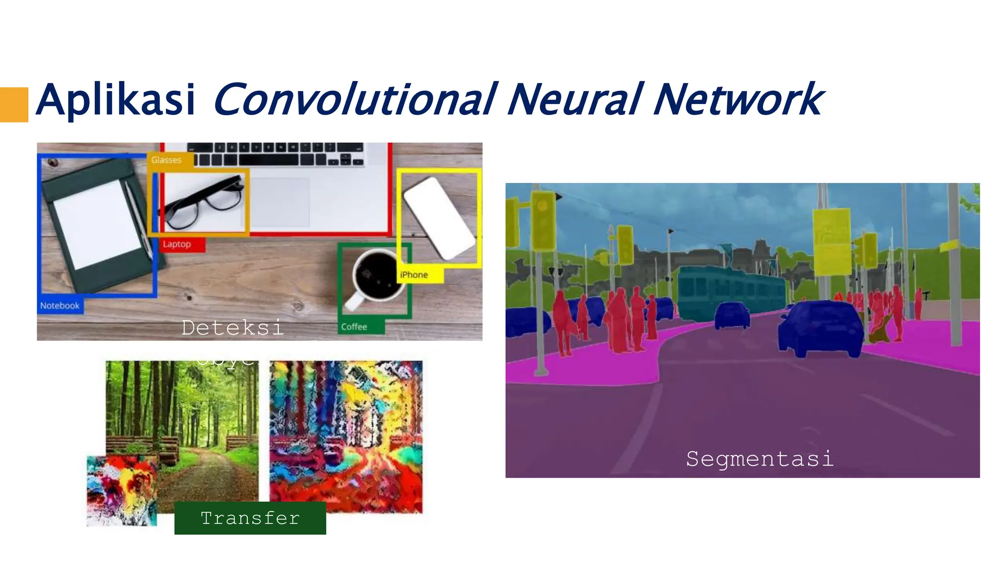 Aplikasi Convolutional Neural Network
Deteksi
Obyek
Segmentasi
citra
Transfer
style
 