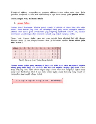 Konfigurasi elektron menggambarkan penataan elektron-elektron dalam suatu atom. Pada 
penulisan konfigurasi elektron perlu dipertimbangkan tiga aturan (asas), yaitu prinsip Aufbau, 
asas Larangan Pauli, dan kaidah Hund. 
1. Aturan Aufbau 
Aufbau berarti membangun. Menurut prinsip Aufbau ini elektron di dalam suatu atom akan 
berada dalam kondisi yang stabil bila mempunyai energi yang rendah, sedangkan elektron-elektron 
akan berada pada orbital-orbital yang bergabung membentuk subkulit. Jadi, elektron 
mempunyai kecenderungan akan menempati subkulit yang tingkat energinya rendah. 
Secara kasar besarnya tingkat energi dari suatu subkulit dapat diketahui dari nilai bilangan 
kuantum utama (n) dan bilangan kuantum azimut (l) dari orbital tersebut. Dapat dilihat pada 
tabel berikut : 
Secara umum, orbital yang mempunyai harga n+l lebih besar akan mempunyai tingkat 
energi yang lebih tinggi, dan sebaliknya bila n+l kecil tingkat energinya juga kecil. Untuk 
harga n+l yang sama, maka orbital dengan harga n lebih besar akan mempunyai tingkat energi 
yang besar. Berdasarkan tabel di atas, maka urutan tingkat energi dari yang paling rendah ke 
yang paling tinggi adalah sebagai berikut : 
 