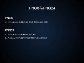PNG8与PNG24PNG81、可以存储8位色彩图像并且支持布尔透明的PNG格式图片PNG241、可以存储24位色彩图像的PNG格式图片2、Photoshop里的PNG24同时还支持8位的alpha透明通道