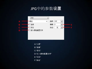 JPG中的参数设置ABCDEFA:“品质”B:“连续”C:“优化”D:“嵌入颜色配置文件”E:“模糊”F:“杂边”