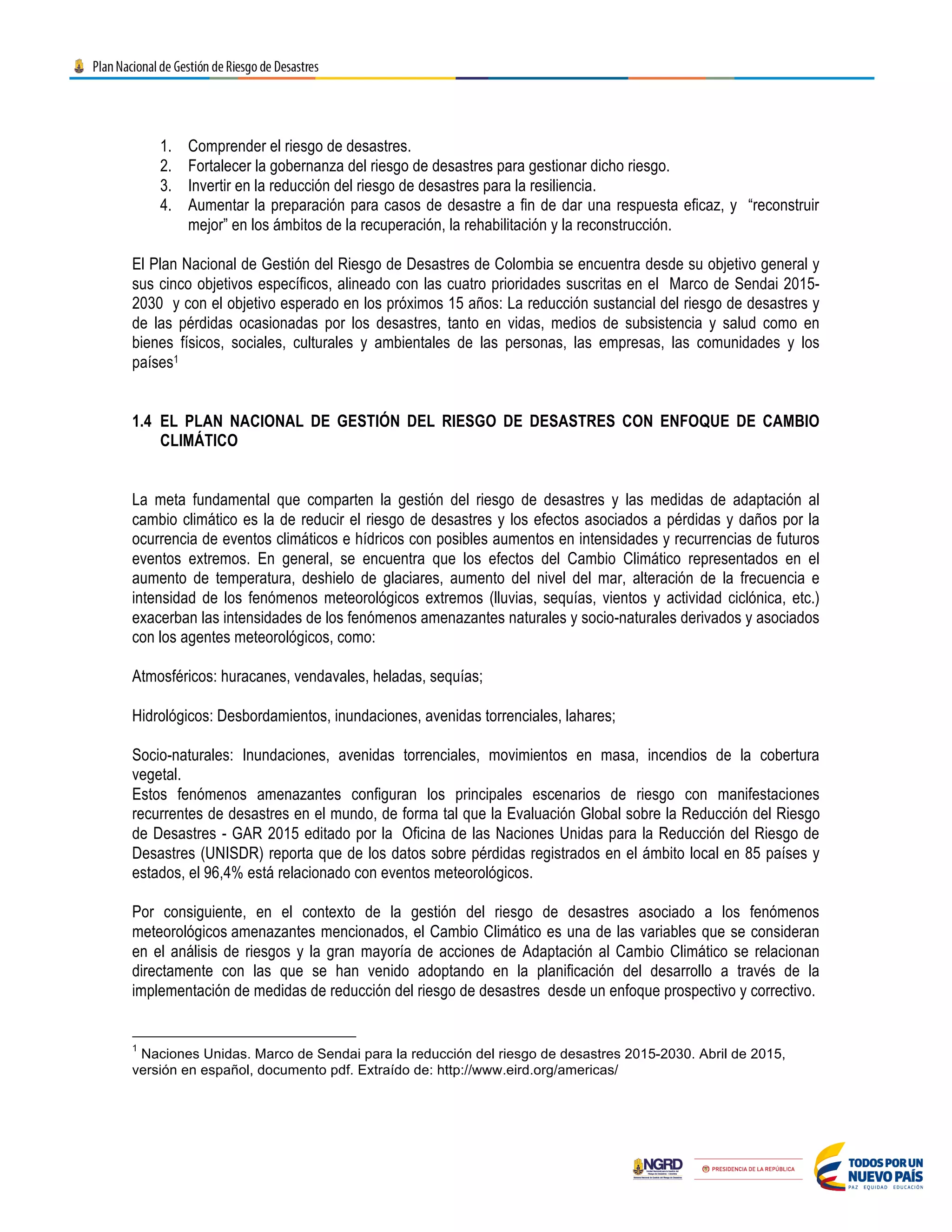 Plan Nacional para la gestión del riesgo y desastres | PDF