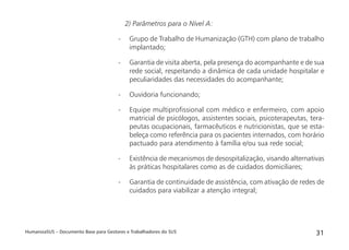 HumanizaSUS – Documento Base para Gestores e Trabalhadores do SUS 31
2) Parâmetros para o Nível A:
- Grupo de Trabalho de Humanização (GTH) com plano de trabalho
implantado;
- Garantia de visita aberta, pela presença do acompanhante e de sua
rede social, respeitando a dinâmica de cada unidade hospitalar e
peculiaridades das necessidades do acompanhante;
- Ouvidoria funcionando;
- Equipe multiproﬁssional com médico e enfermeiro, com apoio
matricial de psicólogos, assistentes sociais, psicoterapeutas, tera-
peutas ocupacionais, farmacêuticos e nutricionistas, que se esta-
beleça como referência para os pacientes internados, com horário
pactuado para atendimento à família e/ou sua rede social;
- Existência de mecanismos de desospitalização, visando alternativas
às práticas hospitalares como as de cuidados domiciliares;
- Garantia de continuidade de assistência, com ativação de redes de
cuidados para viabilizar a atenção integral;
 