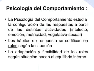 • La Psicología del Comportamiento estudia
la configuración de las respuestas a partir
de las distintas actividades (intelecto,
emoción, motricidad, vegetativo-sexual)
• Los hábitos de respuesta se codifican en
roles según la situación
• La adaptación y flexibilidad de los roles
según situación hacen al equilibrio interno
Psicología del Comportamiento :
 