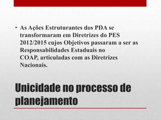 Unicidade no processo de
planejamento
• As Ações Estruturantes dos PDA se
transformaram em Diretrizes do PES
2012/2015 cujos Objetivos passaram a ser as
Responsabilidades Estaduais no
COAP, articuladas com as Diretrizes
Nacionais.
 