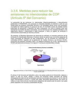 Liberacionesde dioxinasy furanosa la atmósfera
Otros
2,41%
Transporte
2,70%
Producciónde
productos minerales
5,92%
Producción de
metales ferrosos y
no ferrosos
30,53%
Procesos de
Combustión no
controlada
58,44%
Total: 618, 46
3.3.6. Medidas para reducir las
emisiones no intencionales de COP
(Artículo 5º del Convenio)
La generación de las emisiones no intencionales (dibenzo-paradioxinas y dibenzofuranos
policlorados ó PCDD/PCDF), son productos no deseados liberados al ambiente a partir de una
amplia gama de procesos industriales térmicos y de actividades donde ocurra una combustión
incompleta de materia orgánica en presencia de cloro. El incontable número de posibles fuentes
potenciales de generación y liberación de estos compuestos, así como el elevado costo que
representan los análisis de estos compuestos, son los factores que han impedido identificar y dar
seguimiento efectivo y determinante a tales emisiones, y llevar un registro de emisiones e
intoxicaciones ocasionadas por dioxinas y furanos.
Sin embargo, la República Bolivariana de Venezuela ha realizado un inventario preliminar de las
emisiones no intencionales (Dioxinas y Furanos), donde se aprecia que una de las categorías de
mayor porcentaje de liberación de este contaminante, son los procesos de combustión no
controlados 58.44%; seguidos por la producción de metales ferrosos y no ferrosos 30.53%,
producción de productos minerales 5.92% y la categoría transporte con 2.70%; representando el
97.60% del total de las emisiones. En la figura 3.1 se resume la problemática indicada.
Figura 3.1 Emisiones no Intencionales a la atmósfera (PCDD/PCDF) en la República Bolivariana de Venezuela.
Fuente: UCEPNI 2008
El artículo 5 del Convenio de Estocolmo, pide a los países partes de la Convención, elaborar y
aplicar un plan de acción, dirigido a reducir las emisiones totales derivadas de fuentes
antropógenas de cada uno de los productos químicos enumerados en el anexo C, con la meta de
seguir reduciéndolas al mínimo y, cuando sea viable, eliminarlas definitivamente. Así mismo se
indican en este mismo artículo, los elementos obligatorios del presente plan de acción, los cuales
deben adaptarse a los recursos y necesidades del país.
 
