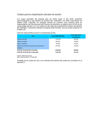 Costos para la implantación del plan de acción
Los costos estimados del presente plan de acción hasta el año 2030, ascienden
aproximadamente a Tres millones de bolívares (Bs. 3.000.000) o Un millón cuatrocientos mil
dólares (US$ 1.400.000); sin embargo durante los primeros cinco primeros años de
implementación del Plan Nacional del Convenio de Estocolmo, se deberá cubrir el 23% de los
costos totales del plan 3.3.3, los cuales son del orden de los Seiscientos ochenta mil bolívares
(Bs. 680.000) o Trescientos dieciséis mil dólares (US$ 316.000), como se puede evidenciar en
la tabla 3.22.
Tabla 3.22. Costos del Plan de acción 3.3.7 especificados por ítem.
Ítem Costo 2009-2030 (Bs)
Costo 2009- 2013
(5 años) (Bs)
Asistencia técnica 1.320.000 300.000
Viáticos y pasajes 836.000 190.000
Guías y manuales 180.000 60.000
Equipos de protección personal e instrumentos de
muestreo
572.000 130.000
COSTOS TOTALES DEL PLAN (Bs) 2.908.000 680.000
COSTOS TOTALES DEL PLAN (US$) 1.352.558 316.279
Fuente: elaboración propia.
Nota: Tasa de cambio: 2,15 Bs/US$
El detalle de los costos por ítem o por actividad del presente plan puede ser consultado en el
apéndice 9.
 