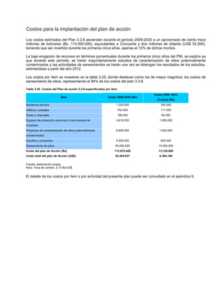 Costos para la implantación del plan de acción
Los costos estimados del Plan 3.3.8 ascienden durante el período 2009-2030 a un aproximado de ciento trece
millones de bolívares (Bs. 113.000.000), equivalentes a Cincuenta y dos millones de dólares (US$ 52.000),
teniendo que ser invertido durante los primeros cinco años, apenas el 12% de dichos montos.
La baja erogación de recursos en términos porcentuales durante los primeros cinco años del PNI, se explica ya
que durante este período, se harán mayoritariamente estudios de caracterización de sitios potencialmente
contaminados y las actividades de saneamientos se harán una vez se obtengan los resultados de los estudios,
estimándose a partir del año 2012.
Los costos por ítem se muestran en la tabla 3.25; donde destacan como los de mayor magnitud, los costos de
saneamiento de sitios, representando el 84% de los costos del plan 3.3.8.
Tabla 3.25. Costos del Plan de acción 3.3.8 especificados por ítem.
Ítem Costo 2009-2030 (Bs)
Costo 2009- 2013
(5 años) (Bs)
Asistencia técnica 1.320.000 300.000
Viáticos y pasajes 752.400 171.000
Guías y manuales 180.000 60.000
Equipos de protección personal e instrumentos de
muestreo
4.818.000 1.095.000
Proyectos de caracterización de sitios potencialmente
contaminados
6.600.000 1.500.000
Estudios y proyectos 4.000.000 600.000
Saneamiento de sitios 95.000.000 10.000.000
Costo del plan de Acción (Bs) 112.670.400 13.726.000
Costo total del plan de Acción (US$) 52.404.837 6.384.186
Fuente: elaboración propia.
Nota: Tasa de cambio: 2,15 Bs/US$
El detalle de los costos por ítem o por actividad del presente plan puede ser consultado en el apéndice 9.
 