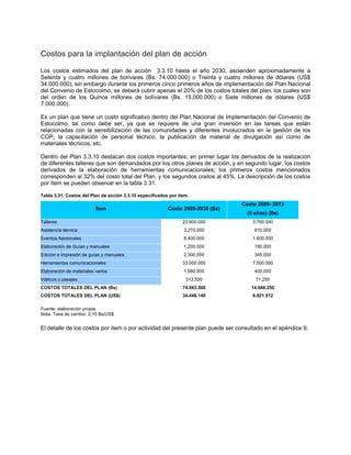 Costos para la implantación del plan de acción
Los costos estimados del plan de acción 3.3.10 hasta el año 2030, ascienden aproximadamente a
Setenta y cuatro millones de bolívares (Bs. 74.000.000) o Treinta y cuatro millones de dólares (US$
34.000.000); sin embargo durante los primeros cinco primeros años de implementación del Plan Nacional
del Convenio de Estocolmo, se deberá cubrir apenas el 20% de los costos totales del plan, los cuales son
del orden de los Quince millones de bolívares (Bs. 15.000.000) o Siete millones de dólares (US$
7.000.000).
Es un plan que tiene un costo significativo dentro del Plan Nacional de Implementación del Convenio de
Estocolmo, tal como debe ser, ya que se requiere de una gran inversión en las tareas que están
relacionadas con la sensibilización de las comunidades y diferentes involucrados en la gestión de los
COP, la capacitación de personal técnico, la publicación de material de divulgación así como de
materiales técnicos, etc.
Dentro del Plan 3.3.10 destacan dos costos importantes; en primer lugar los derivados de la realización
de diferentes talleres que son demandados por los otros planes de acción, y en segundo lugar, los costos
derivados de la elaboración de herramientas comunicacionales; los primeros costos mencionados
corresponden al 32% del costo total del Plan, y los segundos costos al 45%. La descripción de los costos
por ítem se pueden observar en la tabla 3.31.
Tabla 3.31. Costos del Plan de acción 3.3.10 especificados por ítem.
Ítem Costo 2009-2030 (Bs)
Costo 2009- 2013
(5 años) (Bs)
Talleres 23.900.000 3.760.000
Asistencia técnica 3.270.000 810.000
Eventos Nacionales 8.400.000 1.600.000
Elaboración de Guías y manuales 1.200.000 180.000
Edición e impresión de guías y manuales 2.300.000 345.000
Herramientas comunicacionales 33.000.000 7.500.000
Elaboración de materiales varios 1.680.000 400.000
Viáticos y pasajes 313.500 71.250
COSTOS TOTALES DEL PLAN (Bs) 74.063.500 14.666.250
COSTOS TOTALES DEL PLAN (US$) 34.448.140 6.821.512
Fuente: elaboración propia.
Nota: Tasa de cambio: 2,15 Bs/US$
El detalle de los costos por ítem o por actividad del presente plan puede ser consultado en el apéndice 9.
 