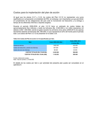 Costos para la implantación del plan de acción
Al igual que los planes 3.3.7 y 3.3.9, los costos del Plan 3.3.12 no representan una suma
significativa en comparación a la totalidad del PNI; sin embargo, son importantes ya que permitirán
el cumplimiento de las obligaciones del país ante la Convención de Estocolmo y la entrega a
tiempo de los diferentes informes o reportes exigidos.
Durante el período 2009-2030, el plan 3.3.12 tiene un estimado de costos totales de
aproximadamente Dos millones y medio de bolívares (Bs. 2.500.000) o Un millón doscientos mil
dólares (US$ 1.200.000); siendo el gasto durante los primeros cinco años (2009-2013) de apenas
Quinientos sesenta mil bolívares (Bs. 560.000), lo que representa el 22% del monto para el período
total. Los costos del Plan 3.3.12 se presentan en la tabla 3.34.
Tabla 3.34. Costos del Plan de acción 3.3.12 especificados por ítem.
Ítem Costo 2009-2030 (Bs)
Costo 2009- 2013
(5 años) (Bs)
Asistencia técnica 1.860.000 420.000
Costos de traducción y edición de informes 597.500 120.000
Costos de envío de informes 88.000 20.000
COSTOS TOTALES DEL PLAN (Bs) 2.545.500 560.000
COSTOS TOTALES DEL PLAN (US$) 1.183.953 260.465
Fuente: elaboración propia.
Nota: Tasa de cambio: 2,15 Bs/US$
El detalle de los costos por ítem o por actividad del presente plan puede ser consultado en el
apéndice 9.
 
