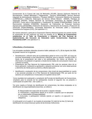 Conservación de la Cuenca del Lago de Maracaibo (ICLAM), Servicio Autónomo Nacional de
Normalización, Calidad Metrología y Reglamentos Técnicos (SENCAMER), Servicio Nacional
Integrado de Administración Aduanera y Tributaria (SENIAT), Corporación Eléctrica de Venezuela
(CORPOELEC y EDELCA), Siderurgica del Orinoco Alfredo Maneiro (SIDOR), Petróleos de
Venezuela (PDVSA), Instituto Nacional de Tecnologías Venezolana de Petróleo (PDVSA-
INTEVEP), Fondo para la Normalización y Certificación de Calidad (FONDONORMA), Fondo de
Reconversión Industrial (FONDOIN), Asociación de Fabricantes de Productos Químicos
Agropecuarios (AFAQUIMA), Federación de Cámaras y Asociaciones de Comercio y Producción de
Venezuela (FEDECANARAS), Universidad Bolivariana de Venezuela (UBV) y Corporación
Venezolana de Guayana (CVG). (Ver apéndice 4.1).
De manera adicional y particular la Corporación Eléctrica Nacional expreso de manera escrita
el compromiso de esa institución tal como se muestra en la “Minuta de Compromisos
establecidos en el Taller de Presentación y Adopción del Plan Nacional de
Implementación del Convenio de Estocolmo sobre Contaminantes Orgánicos
Persistentes (COP)” (Ver apéndice 4.1)
b.Resultados y Conclusiones.
Los principales resultados obtenidos durante el taller celebrado el 27 y 28 de Agosto del 2008,
se pueden resumir en lo siguiente:
Sensibilización y difusión tanto de la problemática global en torno a los COP, así como las
acciones emprendidas a nivel Internacional y Nacional, para su solución, incluido el PNI, a
través de la presentación del video a los participantes. Así mismo, se difundió la
información a la población en general, a través de los medios de comunicación masiva que
cubrieron el evento.
Presentación del Plan Nacional de Implementación PNI, ante los sectores clave de su
futura aplicación, recibiendo su aprobación y adopción provisional, así como observaciones
y elementos de interés para su próxima y efectiva ejecución.
Identificación y evaluación de los compromisos y tipo (nivel) de responsabilidad en cuanto
a las acciones previstas en el Plan Nacional de Implementación PNI, por parte de los
sectores con competencia e involucrados en la gestión de los COP.
Como resultado de la aplicación y compilación del Formato de Identificación de Compromisos,
empleado para la consulta de los participantes durante el segundo día, se presenta a
continuación el cuadro final. (Ver cuadro 1)
Tal como reseña el formato de identificación de compromisos, las letras empleadas en la
identificación de responsabilidad/compromiso, se refiere a:
R: Responsable de la ejecución de la acción o aspecto indicado.
D: Participación o seguimiento directo en la acción o aspecto que es ejecutado
por un responsable (corresponsabilidad).
I: Involucrado, o participación indirecta (siendo un soporte a la ejecución no
obligatorio).
A continuación en el cuadro 2, se muestra el porcentaje (%) total de los tres (3) ítems de
identificación de compromisos por partes de las diversas instituciones.
 