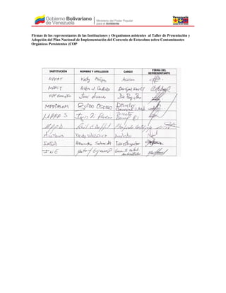 Firmas de los representantes de las Instituciones y Organismos asistentes al Taller de Presentación y
Adopción del Plan Nacional de Implementación del Convenio de Estocolmo sobre Contaminantes
Orgánicos Persistentes (COP
 