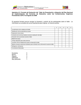 Apéndice 4.3. Formato de Evaluación del Taller de Presentación y Adopción del Plan Nacional
de Implementación del Convenio de Estocolmo sobre los Contaminantes Orgánicos
Persistentes COP 27 de Agosto de 2008
El siguiente formato procura recoger la impresión y opinión de los participantes sobre el taller. La
información se considera de suma importancia para mejoras en futuros eventos.
1 2 3 4 5
Cumplimiento de los objetivos del taller
Satisfacción de las expectativas propias
Explicación de los temas
Contenido de los temas tratados durante la realización del taller
Actuación de los ponentes durante el taller
Material de apoyo
Tiempo dispuesto para cada ponencia
Condición de las instalaciones donde se desarrolló el taller
Medios de apoyo audiovisual utilizados para la difusión de la información durante el taller
Refrigerios y almuerzos
Comentarios Adicionales
Excelente 5
Bueno 4
Regular 3
Deficiente 2
Muy deficiente 1
 