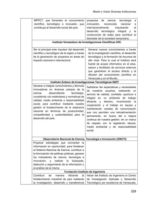 Misión y Visión Diversas Instituciones
328
MPPCT, que fomenten el conocimiento
científico, tecnológico e innovador, que
contribuya al desarrollo social del país.
proyectos de ciencia, tecnología e
innovación, reconocida nacional e
internacionalmente, impulsando el
desarrollo tecnológico integral y la
construcción de redes para contribuir al
bienestar de la sociedad venezolana.
Instituto Venezolano de Investigaciones Científicas IVIC.
Ser el principal ente impulsor del desarrollo
científico y tecnológico de la región a través
de la generación de proyectos en áreas de
impacto nacional e internacional.
Generar nuevos conocimientos a través
de la investigación científica, el desarrollo
tecnológico y la formación de recursos de
alto nivel. Para lo cual el Instituto será
fuente de acopio informativo en el área,
asesor y facilitador de servicios externos
que garanticen el acceso directo y la
difusión del conocimiento científico en
Venezuela y en el Mundo.
Instituto Zuliano de Investigaciones Tecnológicas INZIT
Generar e integrar conocimientos y técnicas
innovadoras en diversos campos de la
ciencia, desarrollando tecnología,
cumpliendo con estándares y normativas de
calidad, medio ambiente y responsabilidad
social, para contribuir mediante nuestra
gestión al fortalecimiento de la soberanía
nacional en términos de productividad,
competitividad y sustentabilidad para el
desarrollo del país.
Satisfacer las expectativas y necesidades
de nuestros usuarios, realizando un
servicio de calidad, confiable, oportuno e
integral en un ambiente de trabajo
eficiente y efectivo, incentivando la
cooperación y el trabajo en equipo y
manteniendo canales de comunicación
que nos permitan una retroalimentación
permanente, en busca del a mejora
continua de nuestra gestión, en un marco
de respeto con la legislación laboral,
medio ambiental y de responsabilidad
social.
Observatorio Nacional de Ciencia, Tecnología e Innovación (ONCTI)
Propiciar estrategias que conviertan la
información en oportunidad, para fortalecer
el Sistema Nacional de Ciencia, contribuir a
la formulación de políticas públicas, generar
los indicadores de ciencia, tecnología e
innovación, y realizar la búsqueda,
detección y seguimiento de la información y
el análisis de la misma
Fundación Instituto de Ingeniería
Contribuir de manera eficiente al
fortalecimiento industrial de país mediante
la investigación, desarrollo y transferencia
Hacer del Instituto de Ingeniería el Centro
de Investigación Aplicada y Desarrollo
Tecnológico por excelencia de Venezuela,
 