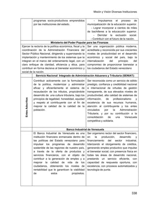 Misión y Visión Diversas Instituciones
338
programas socio-productivos emprendidos
por las instituciones del estado.
- Impulsamos el proceso de
municipalización de la educación superior.
- Lograr incorporar a cientos de miles
de bachilleres a la educacuión superior.
- Derrotar la exclusión social.
- Contribuír con el futuro de la nación.
Ministerio del Poder Popular para las Finanzas
Ejercer la rectoría de la política económica, fiscal y la
coordinación de la Administración Financiera del
Sector Público Nacional, dirigiendo y supervisando la
implantación y mantenimiento de los sistemas que la
integran en el marco del ordenamiento legal, con un
claro enfoque de claridad, eficiencia y ética, para
contribuir en forma decisiva al bienestar económico y
social de la nación.
Ser una organización pública moderna,
acreditada y reconocida por sus crecientes
niveles de productividad en el desarrollo
económico y social del país, bajo la
internalización del principio del
compromiso de proporcionar bienestar a
los ciudadanos del Estado venezolano
Servicio Nacional Integrado de Administración Aduanera y Tributaria (SENIAT):
EntesAdscritos
Contribuir activamente con la formulación
de la política, modernizar y administrar
eficaz y eficientemente el sistema de
recaudación de los tributos, propiciándole
desarrollo de una cultura tributaria, bajo los
principios de legalidad, honestidad, equidad
y respeto al contribuyente con el fin de
mejorar la calidad de la calidad de la
población.
Ser reconocida como un servicio de sólido
prestigio, confianza y credibilidad nacional
e internacional de virtudes de gestión
transparente, de sus elevados niveles de
productividad, alta calidad de sistemas de
información, de profesionalismo y
excelencia de sus recursos humanos,
atención al contribuyente y los entes
vinculados por la Administración
Tributaria, y por su contribución a la
consolidación de una Venezuela
competitiva y solidaria.
Banco Industrial de Venezuela
El Banco Industrial de Venezuela es una
institución financiera enmarcada dentro de
las políticas del Estado venezolano para
impulsar los programas de desarrollo
sostenible de las regiones de nuestro país,
a través de la oferta de productos y
servicios financieros, con el objeto de
contribuir a la generación de empleo y a
mejorar la calidad de vida de los
ciudadanos, obteniendo los niveles de
rentabilidad que le garanticen la viabilidad
de estos propósitos.
Ser organismo rector del sector financiero,
en la producción, desarrollo y
financiamiento del sector industrial,
liderizando el otorgamiento de créditos,
generando empleo productivo que impulse
el bienestar social; con presencia física en
todas las áreas de desarrollo nacional,
prestando un servicio eficiente, con
capacidad de respuesta oportuna, con
excelencia, con procesos automatizados y
tecnología de punta.
 