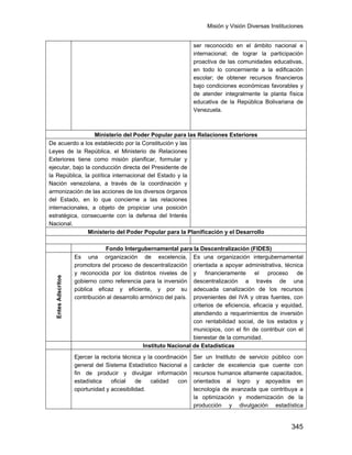 Misión y Visión Diversas Instituciones
345
ser reconocido en el ámbito nacional e
internacional; de lograr la participación
proactiva de las comunidades educativas,
en todo lo concerniente a la edificación
escolar; de obtener recursos financieros
bajo condiciones económicas favorables y
de atender integralmente la planta física
educativa de la República Bolivariana de
Venezuela.
Ministerio del Poder Popular para las Relaciones Exteriores
De acuerdo a los establecido por la Constitución y las
Leyes de la República, el Ministerio de Relaciones
Exteriores tiene como misión planificar, formular y
ejecutar, bajo la conducción directa del Presidente de
la República, la política internacional del Estado y la
Nación venezolana, a través de la coordinación y
armonización de las acciones de los diversos órganos
del Estado, en lo que concierne a las relaciones
internacionales, a objeto de propiciar una posición
estratégica, consecuente con la defensa del Interés
Nacional.
Ministerio del Poder Popular para la Planificación y el Desarrollo
Fondo Intergubernamental para la Descentralización (FIDES)
EntesAdscritos
Es una organización de excelencia,
promotora del proceso de descentralización
y reconocida por los distintos niveles de
gobierno como referencia para la inversión
pública eficaz y eficiente, y por su
contribución al desarrollo armónico del país.
Es una organización intergubernamental
orientada a apoyar administrativa, técnica
y financieramente el proceso de
descentralización a través de una
adecuada canalización de los recursos
provenientes del IVA y otras fuentes, con
criterios de eficiencia, eficacia y equidad,
atendiendo a requerimientos de inversión
con rentabilidad social, de los estados y
municipios, con el fin de contribuir con el
bienestar de la comunidad.
Instituto Nacional de Estadísticas
Ejercer la rectoria técnica y la coordinación
general del Sistema Estadístico Nacional a
fin de producir y divulgar información
estadística oficial de calidad con
oportunidad y accesibilidad.
Ser un Instituto de servicio público con
carácter de excelencia que cuente con
recursos humanos altamente capacitados,
orientados al logro y apoyados en
tecnología de avanzada que contribuya a
la optimización y modernización de la
producción y divulgación estadística
 