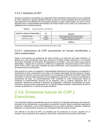 43
2.3.5.3. Depósitos de DDT
Aunque la evaluación de depósitos con plaguicidas COP presentada anteriormente incluye cantidades
de DDT existentes en algunos depósitos del país, la tabla 2.9 muestra detalladamente la presencia de
este plaguicida en los depósitos de una empresa ubicada en Cagua, estado Aragua, así como en otros
depósitos bajo la responsabilidad del Ministerio del Poder Popular para la Salud, de conformidad a lo
establecido en la normativa nacional.
Tabla 2.9. Existencia de DDT a nivel nacional
Institución u Organismo Responsable kg
Ubicación
Empresa Privada 1.300 Zona Industrial de Cagua, Estado Aragua
Ministerio de Salud
15.687,8 Base Militar, Maracay, estado Aragua.
11.976,2 Diferentes Regiones del País.
Total 28.964 kg
(Fuente: Ministerio del Ambiente, Ministerio de Salud Ministerio de Salud; 2008)
2.3.5.4. Liberaciones de COP provenientes de fuentes identificadas y
sitios contaminados
Existe a nivel nacional una experiencia del sector privado en la evaluación del riesgo existente y la
gestión de un sitio contaminado. Este lugar, ubicado en el Estado Aragua, perteneció a una empresa
que realizó actividades de formulación de plaguicidas en el pasado, y que como parte de sus pasivos
ambientales, además de los productos y desechos de plaguicidas, incluyendo algunos COP como el
Aldrín, Endrín y DDT, dejó varias toneladas de suelo contaminado, como consecuencia de la práctica
de enterramiento de los desechos.
Esta situación en cuanto a la experticia y responsabilidad adquirida por las empresas en la evaluación y
saneamiento de sitios contaminados. En cuanto a la empresa responsable del sitio ubicado en Aragua,
ésta reportó la situación actual de contaminación y ha consignado al Ministerio del Poder Popular para
el Ambiente un plan de desincorporación de las instalaciones, incluyendo un proyecto de recuperación y
saneamiento del lugar, con aproximadamente 6.847 toneladas de suelo contaminado, donde se
contempla el almacenamiento temporal de los desechos, para su posterior disposición final. La
evaluación realizada ha mostrado la presencia de plaguicidas a diferentes profundidades del suelo,
información tal que permitió la elaboración de un Plan de Manejo Ambiental y Saneamiento del sitio en
cuestión, sustentado por un estudio de riesgo cuantitativo.
2.3.6. Emisiones futuras de COP y
Exenciones.
Los compuestos orgánicos persistentes que se han utilizado en la Republica Bolivariana de Venezuela,
provienen de las importaciones, nunca existió una producción nacional. Dada la prohibición legal para la
producción, importación y uso de COP establecida en la Ley sobre sustancias, materiales y desechos
peligrosos, no está prevista la producción y/o importación futura de ninguno de ellos.
Con relación al uso futuro de BPC, se considera que las existencias en el país, requieren de un
proyecto para la realización de la sustitución, eliminación y disposición final de este contaminante.
 
