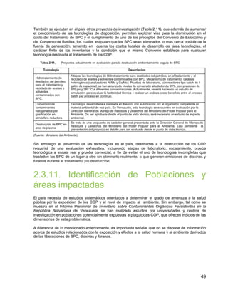 49
También se ejecutan en el país otros proyectos de investigación (Tabla 2.11), que además de aumentar
el conocimiento de las tecnologías de disposición, permiten explorar vías para la disminución en el
costo del tratamiento de BPC y el cumplimiento de uno de los preceptos del Convenio de Estocolmo y
del Convenio de Basilea, los cuales estipulan que los BPC sean eliminados lo más cerca posible de la
fuente de generación, teniendo en cuenta los costos locales de desarrollo de tales tecnologías, el
carácter finito de los inventarios y la condición que el mismo Convenio establece para cualquier
tecnología destinada al tratamiento de los COP.
Tabla 2.11. Proyectos actualmente en evaluación para la destrucción ambientalmente segura de BPC
Tecnología Descripción
Hidrotratamiento de
destilados del petróleo,
para el tratamiento y
reciclado de aceites y
solventes
contaminados con
BPC.
Adaptar las tecnologías de Hidrotratamiento para destilados del petróleo, en el tratamiento y el
reciclado de aceites y solventes contaminados con BPC. Mecanismo de tratamiento: catálisis
heterogénea (catalizadores Ni/Mo y Co/Mo). Pruebas de laboratorio, con reactores tipo batch de 1
galón de capacidad; se han alcanzado niveles de conversión alrededor de 99%, con presiones de
500 psi y 280 °C a diferentes concentraciones. Actualmente, se está haciendo un estudio de
simulación, para evaluar la factibilidad técnica y realizar un análisis costo beneficio entre el proceso
batch y el proceso en continuo.
Conversión de
contaminantes
halogenados por
gasificación en
atmósfera reductora
Tecnología desarrollada e instalada en México, con autorización por el organismo competente en
materia ambiental de ese país. En Venezuela, esta tecnología se encuentra en evaluación por la
Dirección General de Manejo de Residuos y Desechos del Ministerio del Poder Popular para el
Ambiente. De ser aprobada desde el punto de vista técnico, será necesario un estudio de impacto
ambiental.
Destrucción de BPC en
arco de plasma
Se trata de una propuesta de carácter general presentada ante la Dirección General de Manejo de
Residuos y Desechos del Ministerio del Poder Popular para el Ambiente. Esta pendiente la
presentación del proyecto en detalle para ser evaluado desde el punto de vista técnico.
(Fuente: Ministerio del Ambiente)
Sin embargo, el desarrollo de las tecnologías en el país, destinadas a la destrucción de los COP
requerirá de una evaluación exhaustiva, incluyendo etapas de laboratorio, escalamiento, prueba
tecnológica a escala real y prueba comercial, a fin de evitar el uso de tecnologías incompletas que
trasladen los BPC de un lugar a otro sin eliminarlo realmente, o que generen emisiones de dioxinas y
furanos durante el tratamiento y/o destrucción.
2.3.11. Identificación de Poblaciones y
áreas impactadas
El país necesita de estudios sistemáticos orientados a determinar el grado de amenaza a la salud
pública por la exposición de los COP y el nivel de impacto al ambiente. Sin embargo, tal como se
muestra en el Informe Preliminar de Inventario sobre Contaminantes Orgánicos Persistentes en la
República Bolivariana de Venezuela, se han realizado estudios por universidades y centros de
investigación en poblaciones potencialmente expuestas a plaguicidas COP, que ofrecen indicios de las
dimensiones de esta problemática.
A diferencia de lo mencionado anteriormente, es importante señalar que no se dispone de información
acerca de estudios relacionados con la exposición y efectos a la salud humana y al ambiente derivados
de las liberaciones de BPC, dioxinas y furanos.
 