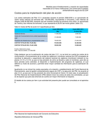 Medidas para el fortalecimiento y creación de capacidades
nacionales en el marco institucional y de control para la gestión
ambientalmente segura de los COP
79 / 375
Plan Nacional de Implementación del Convenio de Estocolmo
República Bolivariana de Venezuel79a
Costos para la implantación del plan de acción
Los costos estimados del Plan 3.3.1 ascienden durante el período 2009-2030 a un aproximado de
ciento veinte millones de bolívares (Bs. 120.000.000), equivalentes a Cincuenta y seis millones de
dólares (US$ 56.000.000), teniendo que ser invertido durante los primeros cinco años, un aproximado
de Treinta y dos millones de bolívares, lo que representa el 26,6% del monto global ( tabla 3.3).
Tabla 3.3. Costos del Plan de acción 3.3.1 especificados por ítem.
Ítem
Costo 2009-2030
(Bs)
Costo 2009- 2013
(5 años) (Bs)
Asistencia técnica 11.595.000 3.090.000
Costos de Funcionamiento de la unidad especializada en
COP
31.458.000 7.490.000
Proyectos de infraestructura y equipamientos varios 76.600.000 21.800.000
COSTOS TOTALES DEL PLAN (Bs) 119.653.000 32.380.000
COSTOS TOTALES DEL PLAN (US$) 55.652.558 15.060.465
Fuente: elaboración propia.
Nota: Tasa de cambio: 2,15 Bs/US$
Cabe destacar que en la estimación de costos del plan 3.3.1, no se tomó en cuenta los costos de la
conformación y funcionamiento de la unidad de vigilancia o monitoreo nacional de COP encargada de
coordinar la ejecución y seguimiento del sistema nacional de vigilancia (monitoreo) indicado en los
planes 3.3.14 y 3.3.16, ya que no hay precisión de cómo se llevará a cabo el monitoreo, para ello se
tiene prevista como actividad, el desarrollo e implementación del programa de vigilancia, el cual
definirá su modo de accionar y permitirá tener mayor cantidad de información para la estimación de
costos.
Igualmente no se incluyó los costos asociados a la creación y establecimiento del Fondo Nacional de
financiamiento, para la gestión ambientalmente segura de COP y la ejecución del PNI, de acuerdo al
plan 3.3.2, ya que aún no hay precisión de cómo funcionará el mismo. En todo caso, la actualización
del Plan Nacional de Implementación (PNI) deberá incluir los costos de estas dos actividades, ya que
es de esperar que para ese entonces se cuente con mayor información al respecto.
El detalle de los costos por ítem o por actividad del presente plan puede ser consultado en el apéndice
9.
 