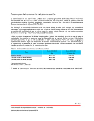 92 / 375
Plan Nacional de Implementación del Convenio de Estocolmo
República Bolivariana de Venezuel92a
Costos para la implantación del plan de acción
El plan relacionado con las medidas jurídicas tiene un costo aproximado de Cuatro millones trescientos
mil Bolívares (Bs. 4.300.000,00) para todo el horizonte del PNI propuesto, siendo el gasto durante los
primeros cinco años de Un millón seiscientos cuarenta mil Bolívares (Bs.1.640.000) o su equivalente de
Setecientos sesenta mil dólares (US$ 760.000).
Sin embargo es importante mencionar que los costos reales de este plan pueden ser ínfimamente
menores a los que se muestran en la tabla 3.6, ya que el cálculo de los costos se hizo por actividad y no
se consideró la posibilidad de que un mismo experto o asesor pueda elaborar a la vez, varias propuestas
de normas sin tener que incurrir en una duplicación de costos.
Todos los costos de este plan de acción corresponden a gastos por asistencia técnica, ya que se prevé la
contratación de expertos o asesores para la elaboración de la mayoría de las normas. Esto incluso
plantea la posibilidad de que el ente coordinador en COP, propuesto en el Plan 3.3.1, incluya un grupo de
profesionales del área legal que desarrollen de manera permanente las normas y sus actualizaciones, y
la contratación de expertos se haga de manera eventual cuando los casos lo ameriten; de esta forma
habrá una reducción sustantiva de los costos del plan.
Tabla 3.6. Costos del Plan de acción 3.3.2 especificados por ítem.
Ítem
Costo 2009-2030
(Bs)
Costo 2009- 2013
(5 años) (Bs)
Asistencia técnica 4.325.000 1.640.000
COSTOS TOTALES DEL PLAN (BS) 4.325.000 1.640.000
COSTOS TOTALES DEL PLAN (US$) 2.011.628 762.791
Fuente: elaboración propia.
Nota: Tasa de cambio: 2,15 Bs/US$
El detalle de los costos por ítem o por actividad del presente plan puede ser consultado en el apéndice 9.
 