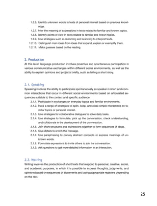 25
1.2.6.	 Identify unknown words in texts of personal interest based on previous knowl-
edge.
1.2.7.	 Infer the meaning of expressions in texts related to familiar and known topics.
1.2.8.	 Identify points of view in texts related to familiar and known topics.
1.2.9.	 Use strategies such as skimming and scanning to interpret texts.
1.2.10.	 Distinguish main ideas from ideas that expand, explain or exemplify them.
1.2.11.	 Make guesses based on the reading.
2. Production
At this level, language production involves proactive and spontaneous participation in
various communicative exchanges within different social environments, as well as the
ability to explain opinions and projects briefly, such as telling a short story.
2.1. Speaking
Speaking involves the ability to participate spontaneously as speaker in short and com-
mon interactions that occur in different social environments based on articulated se-
quences suitable to the context and specific audience.
2.1.1.	 Participate in exchanges on everyday topics and familiar environments.
2.1.2.	 Have a range of strategies to open, keep, and close simple interactions on fa-
miliar topics or personal interest.
2.1.3.	 Use strategies for collaborative dialogues to solve daily tasks.
2.1.4.	Use strategies to formulate, pick up the conversation, check understanding,
and collaborate in the development of the conversation.
2.1.5.	 Join short structures and expressions together to form sequences of ideas.
2.1.6.	 Give details to enrich the message.
2.1.7.	Use paraphrasing to convey abstract concepts or express meanings of un-
known words.
2.1.8.	 Formulate expressions to invite others to join the conversation.
2.1.9.	 Ask questions to get more detailed information in an interaction.
2.2. Writing
Writing involves the production of short texts that respond to personal, creative, social,
and academic purposes, in which it is possible to express thoughts, judgments, and
opinions based on sequences of statements and using appropriate registers depending
on the text.
 