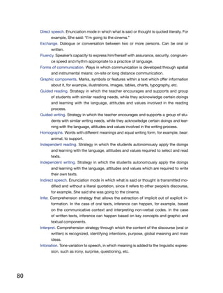80
Direct speech. Enunciation mode in which what is said or thought is quoted literally. For
example, She said: “I’m going to the cinema.”
Exchange. Dialogue or conversation between two or more persons. Can be oral or
written.
Fluency. Speaker’s capacity to express him/herself with assurance, security, congruen-
ce speed and rhythm appropriate to a practice of language.
Forms of communication. Ways in which communication is developed through spatial
and instrumental means: on-site or long distance communication.
Graphic components. Marks, symbols or features within a text which offer information
about it, for example, illustrations, images, tables, charts, typography, etc.
Guided reading. Strategy in which the teacher encourages and supports and group
of students with similar reading needs, while they acknowledge certain doings
and learning with the language, attitudes and values involved in the reading
process.
Guided writing. Strategy in which the teacher encourages and supports a group of stu-
dents with similar writing needs, while they acknowledge certain doings and lear-
ning with the language, attitudes and values involved in the writing process.
Homographs. Words with different meanings and equal writing form, for example, bear:
animal, to support.
Independent reading. Strategy in which the students autonomously apply the doings
and learning with the language, attitudes and values required to select and read
texts.
Independent writing. Strategy in which the students autonomously apply the doings
and learning with the language, attitudes and values which are required to write
their own texts.
Indirect speech. Enunciation mode in which what is said or thought is transmitted mo-
dified and without a literal quotation, since it refers to other people’s discourse,
for example, She said she was going to the cinema.
Infer. Comprehension strategy that allows the extraction of implicit out of explicit in-
formation. In the case of oral texts, inference can happen, for example, based
on the communicative context and interpreting non-verbal codes. In the case
of written texts, inference can happen based on key concepts and graphic and
textual components.
Interpret. Comprehension strategy through which the content of the discourse (oral or
written) is recognized, identifying intentions, purpose, global meaning and main
ideas.
Intonation. Tone variation to speech, in which meaning is added to the linguistic expres-
sion, such as irony, surprise, questioning, etc.
 