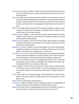 81
Key events. In the case of narrative, it refers to the events that conform the main plot of
the oral or written discourse, meaning, the essential circumstances which cons-
truct the storyline.
Key words. Words used to link ideas, describe the theme or main motif in the content of
a text and help the reader distinguish the pattern of text organization implied by
the author. In the case of Internet, it corresponds to the term with which a search
is made, and through which several pages are linked because of its inclusion in
them.
Modal verbs. Verbal category through which the capacity, possibility, necessity or other
condition of the main verb is expressed. For example, Peter must deliver his ho-
mework today, John can play the piano.
Modeled reading. Strategy in which the teacher expertly demonstrates and explicitly
verbalizes certain doings and learning with the language, attitudes and values
involved with the reading process.
Modeled writing. Strategy in which the teacher expertly demonstrates and explicitly
verbalizes certain doings and learning with the language, attitudes and values
involved in the writing process.
Negotiation of meaning. Process in which the participants of an oral or written discour-
se specify and agree on its meaning. For example, clarify the main idea and/or
details in a text, assess the comprehension of content, etc.
Non-verbal communication. Communicative components which exist beyond linguistic
emission and clarify emphasize or provide information. Such is the case of ges-
tures, body posture, eye-contact, spatial proximity between speakers, etc.
Patterns of text organization. Structure or arrangement of ideas in a text: comparison
and contrast, cause and effect, chronological order, problem and solution, logi-
cally organized lists or as a collection of details, etc.
Pauses. Spaces in which sound can be present or absent within the discourse flow.
Their function can be, on the one hand, to point out the beginning or ending of
an expressive unit and, on the other hand, reformulate or hesitate during enun-
ciation.
Phrasal verbs. Refers, in the English language, to the combination of a verb with a pre-
position or an adverb, acquiring a single meaning. For example, get on, look up,
figure out, etc.
Phonic elements. (See acoustic characteristics.)
Pronunciation. Ways to articulate sounds in a language, linked to the characteristics of
emission particular to native speakers of a certain linguistic variant.
Question tags. Brief words or phrases placed at the end of a sentence to confirm or
deny their content, for example, You will come tomorrow, won’t you?
 